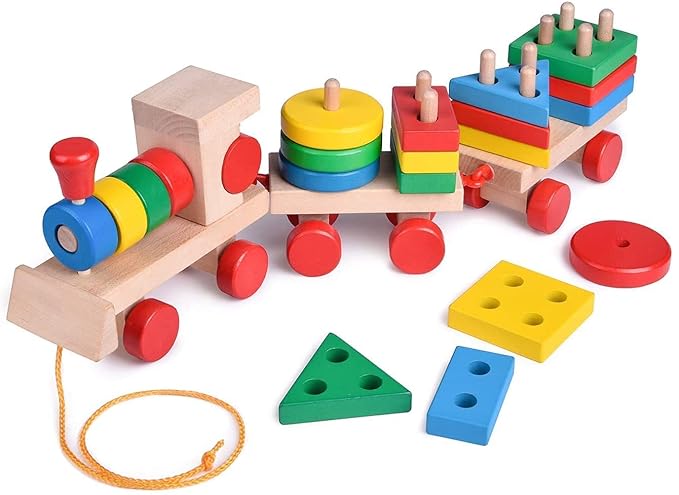 Wooden Train Toddler Toys, 4 Shape Sorter and Stacking Wooden Toys, Puzzle Toys for 1 2 3 Year Old Boys Girls, Preschool Educational Toys(Shape Train)