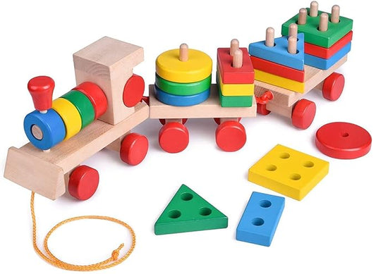 Wooden Train Toddler Toys, 4 Shape Sorter and Stacking Wooden Toys, Puzzle Toys for 1 2 3 Year Old Boys Girls, Preschool Educational Toys(Shape Train)