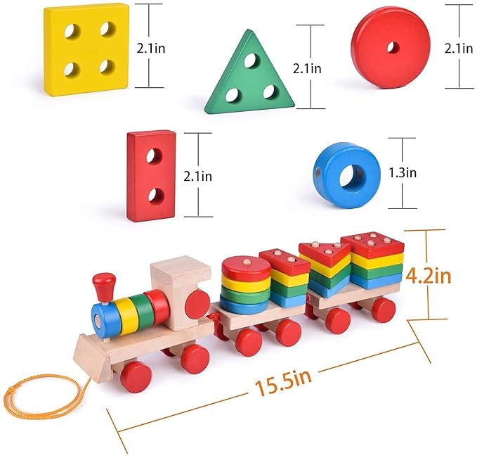 Wooden Train Toddler Toys, 4 Shape Sorter and Stacking Wooden Toys, Puzzle Toys for 1 2 3 Year Old Boys Girls, Preschool Educational Toys(Shape Train)