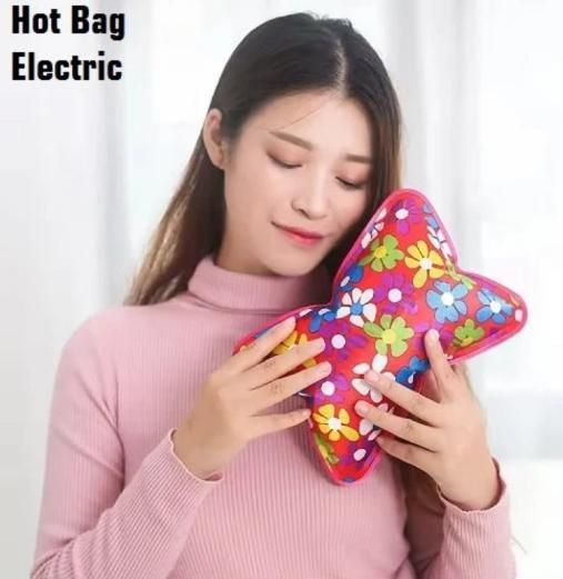 Woman holding a colorful electric hot bag with text 'Hot Bag Electric' above.