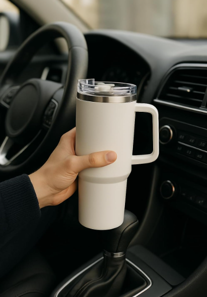 Insulated Travel Tumbler with Handle & Lid – Double Wall Stainless Steel Coffee Mug for Hot & Cold Drinks, Office & Car Use