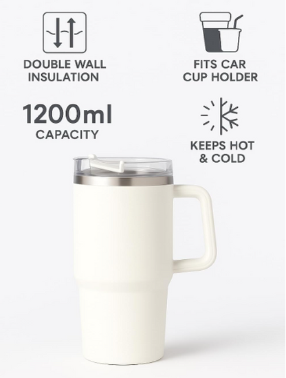 Insulated Travel Tumbler with Handle & Lid – Double Wall Stainless Steel Coffee Mug for Hot & Cold Drinks, Office & Car Use
