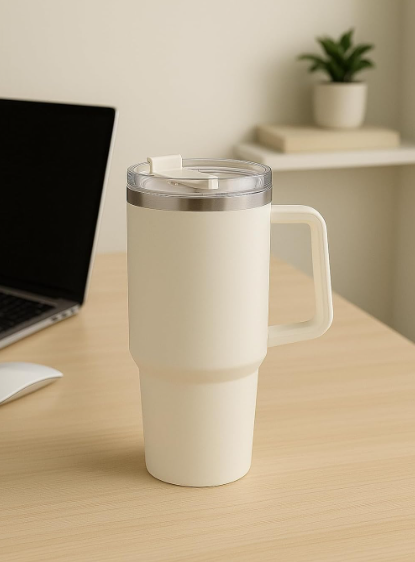 Insulated Travel Tumbler with Handle & Lid – Double Wall Stainless Steel Coffee Mug for Hot & Cold Drinks, Office & Car Use