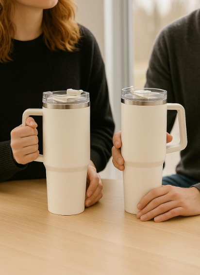 Insulated Travel Tumbler with Handle & Lid – Double Wall Stainless Steel Coffee Mug for Hot & Cold Drinks, Office & Car Use